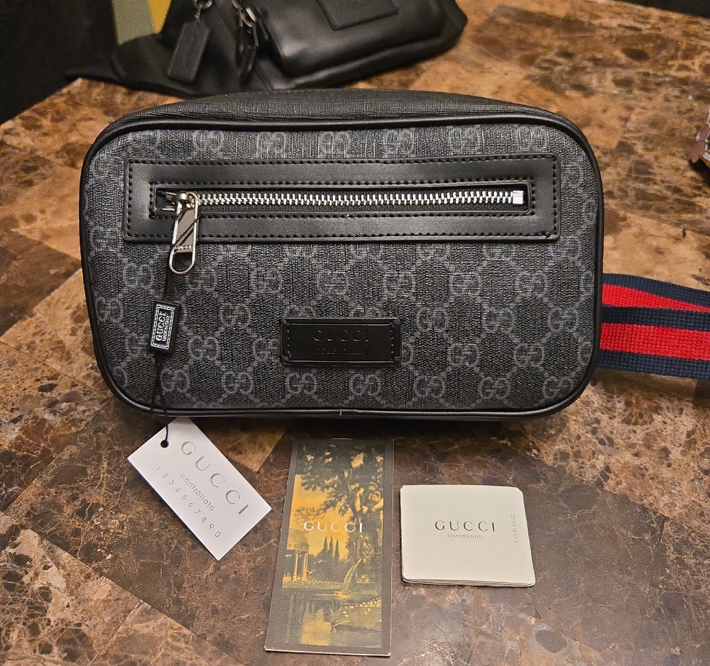 Gucci Gray GG Supreme Canvas Belt Bag with Navy-Red Web Strap Brand New With Tag